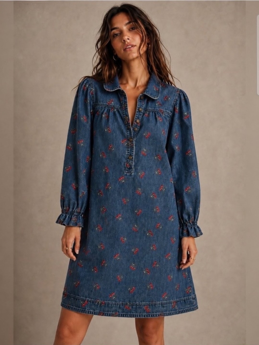 JODIFL Denim Long-Sleeve Cherry Dress